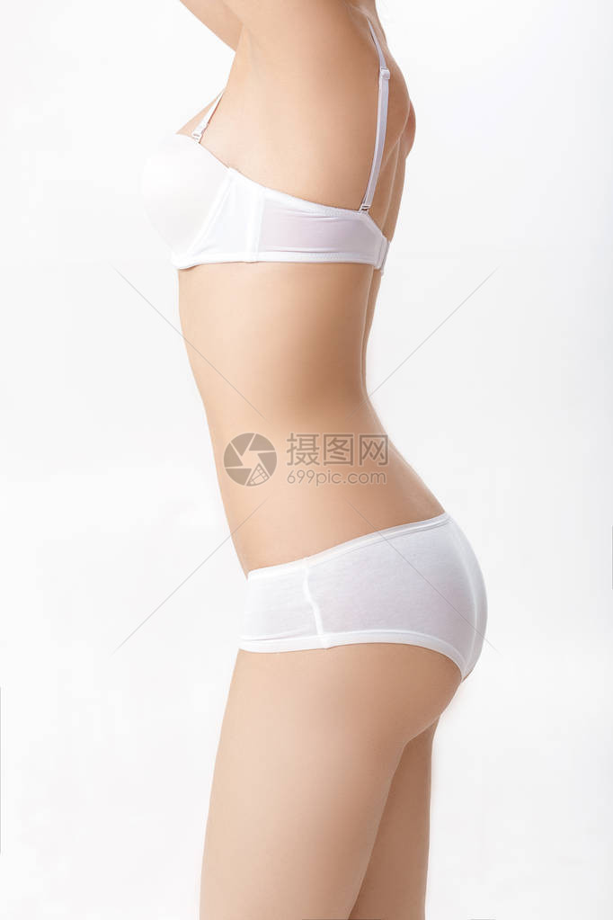 女完美的型身体在白色背景上的白色内衣健康苗条的图片