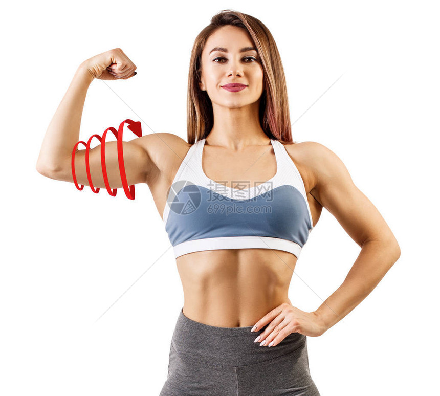 身穿运动服的年轻女子展示她的肌肉运动身体图片