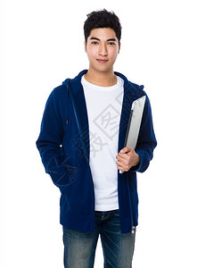 穿蓝毛衣的年轻亚洲男子图片