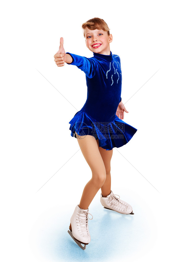 快乐的年轻女孩花样滑冰秀大拇指举图片