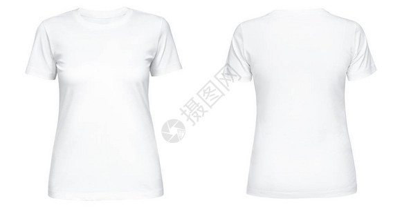 空白色女T恤模板正面和背面视图隔离在白色背景上用于促销的背景图片