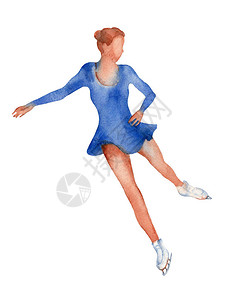 穿蓝裙子滑翔在冰上白色背景的水彩图画图片