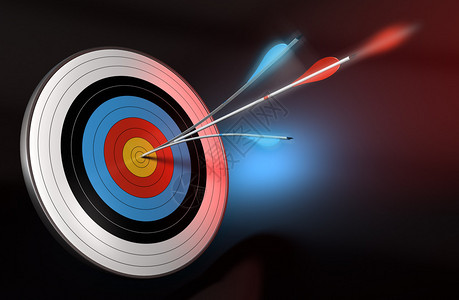 一个蓝色箭头与击中目标中心的红色箭头分开背景图片