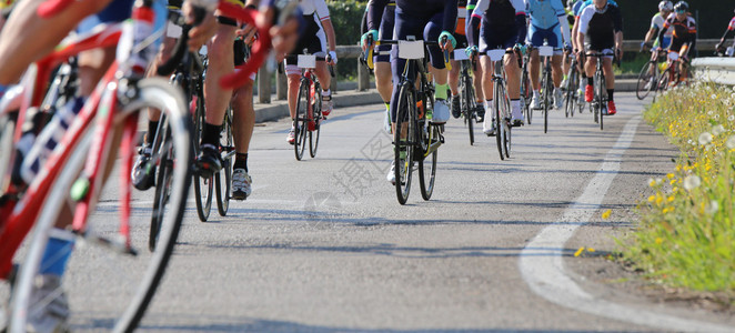 许多赛车和专业骑自行车的人在沥青路上的图片