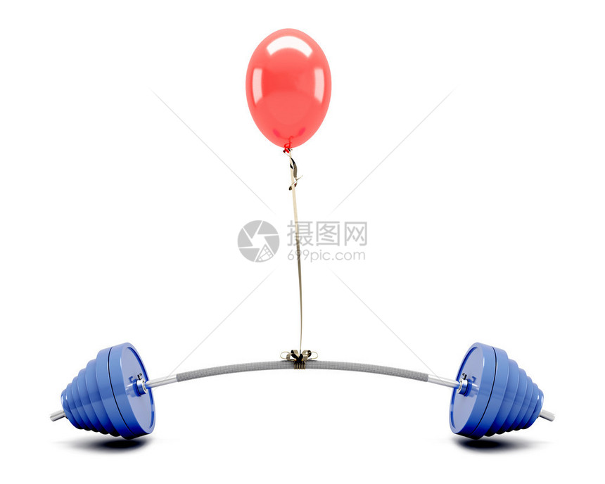 红色气球在白色背景上举起一个孤立的巴铃3D图片