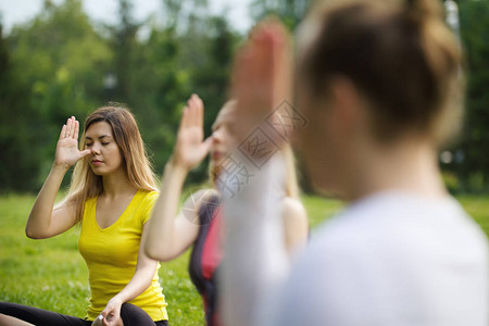 一群瑜伽运动员夏天在公园做呼吸锻炼图片