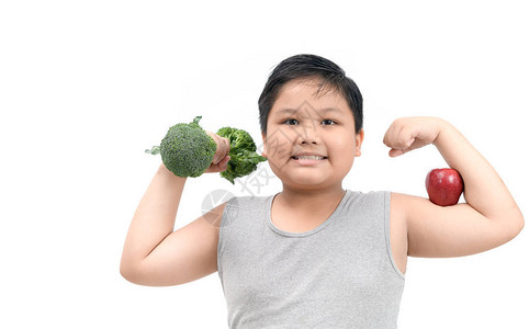 怀着西花椰菜哑铃和肌肉的肥胖男孩图片