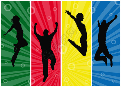 壁纸与跳跃的人剪影在五颜六色的形首饰背景图片
