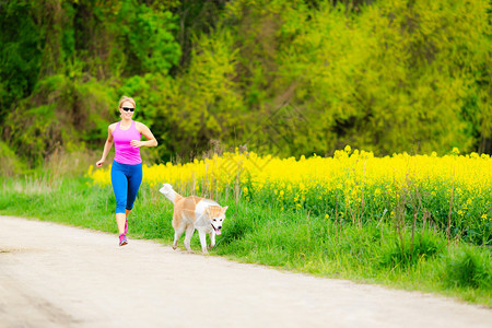 女子赛跑者在乡间小路上的公园里与狗一起跑步图片