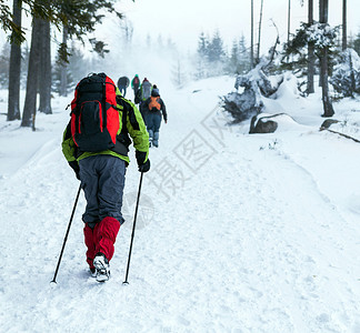 爬山者在雪地上行走荒野森林的寒冷自高清图片