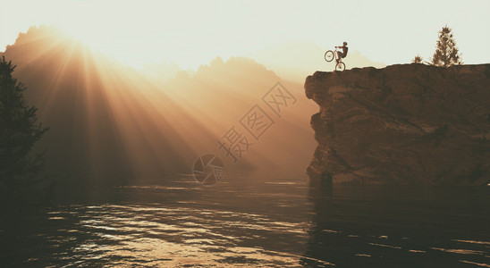 赛车员在山上玩花样在日落时向山湖走去这是图片