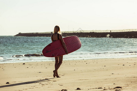 带冲浪板的女冲浪者在靠近海洋图片