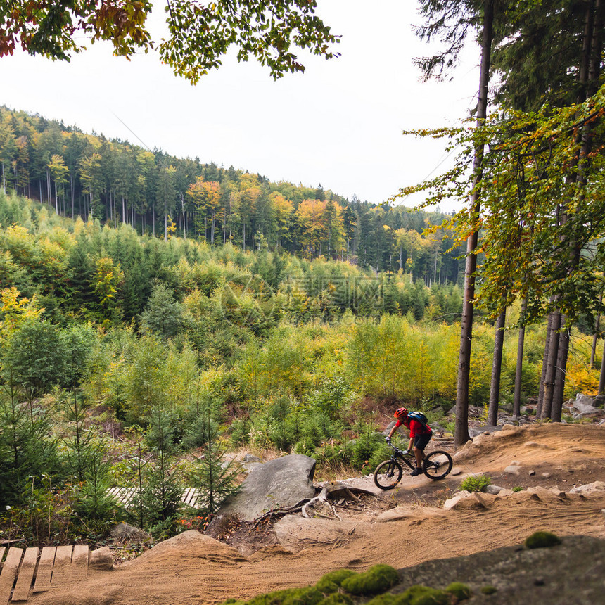 山地自行车骑自行车在秋天鼓舞人心的山景男子在耐力赛步道上骑山地车运动健身的动机和灵感在秋天的树林里图片