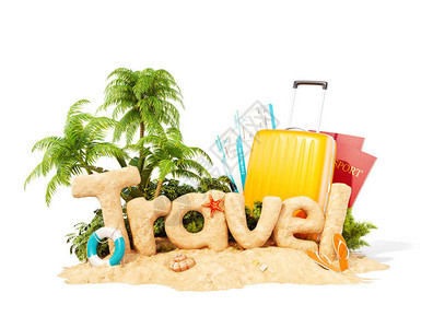 旅行一词由热带岛屿上的沙子制成暑假不寻常的3d插图旅行和度假图片