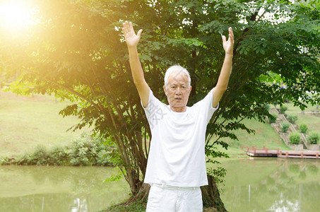 亚洲老人早上在户外公园练习泰吉舞的肖像健康的图片