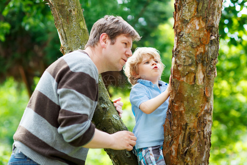 父亲和他的可爱儿子在森林里玩得开心有趣的男孩爬上树家庭户外闲暇图片