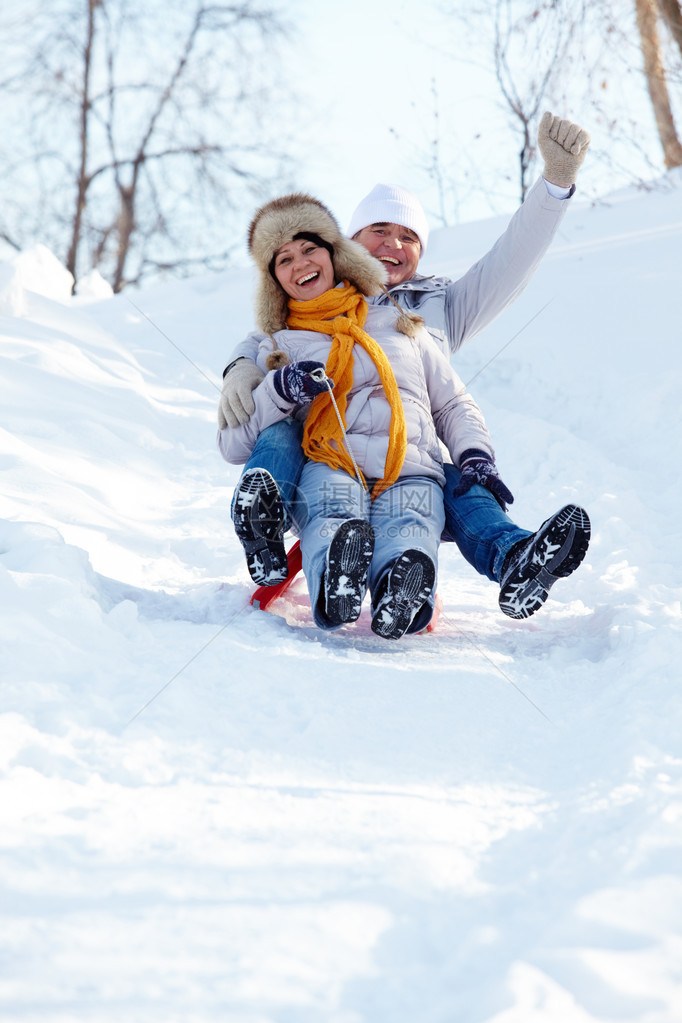 在冬天骑着雪橇的快乐成图片