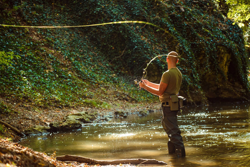 一个渔夫在流动的溪流中用飞钓鱼图片