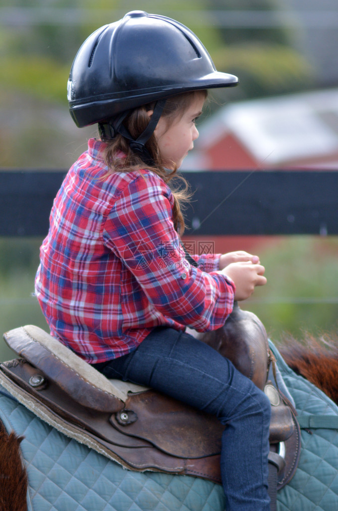 05岁女孩在骑马课上骑马概念照片图片