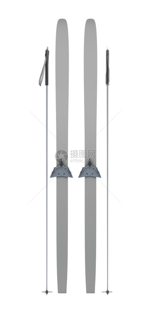 白色背景上的灰色滑雪板和棍棒前视线图片