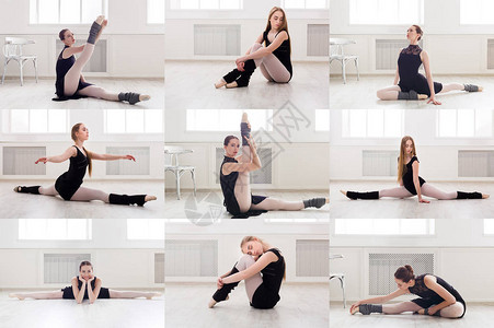 在体育馆接受一系列年轻运动女芭蕾舞女运动员培训积极健康的图片