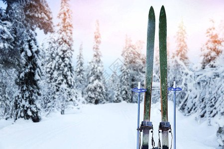 带复古木滑雪板和滑雪杖的雪域越野滑雪道背景图片