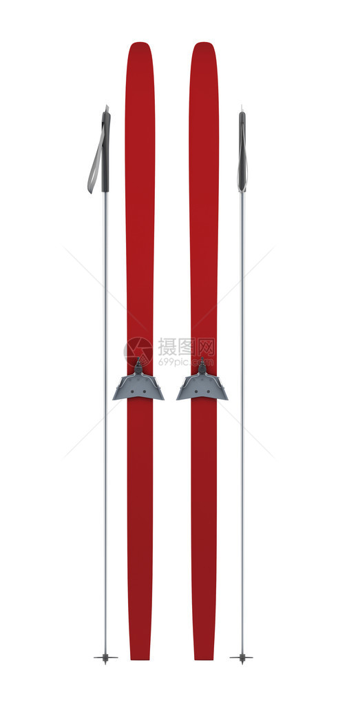 红色滑雪板和棍棒前视线在Whitre背景上被孤立3d图片