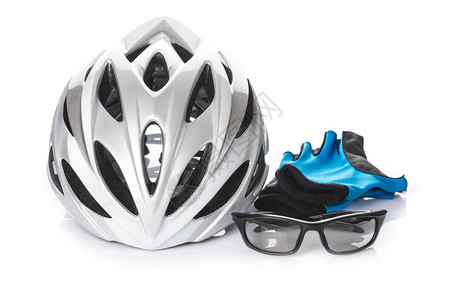 白色背景孤立的防护头盔手套和骑自行车用护图片