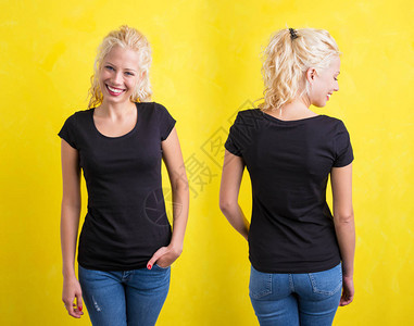 黄色背景黑色圆领T恤的女人图片