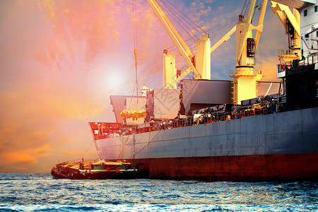 用于进出口和船舶工业的浮动集装箱船将大米和食品背景