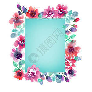 精细青色水彩色背景抽象花边框手工绘画图片