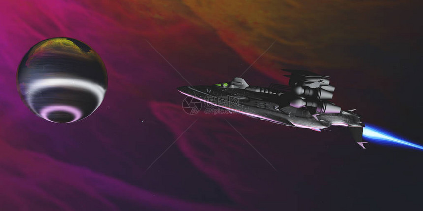一艘飞船靠近一个引人入胜的大气体行星研究它的大气层和图片