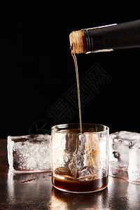咖啡酒在玻璃杯中洒满冰方块图片
