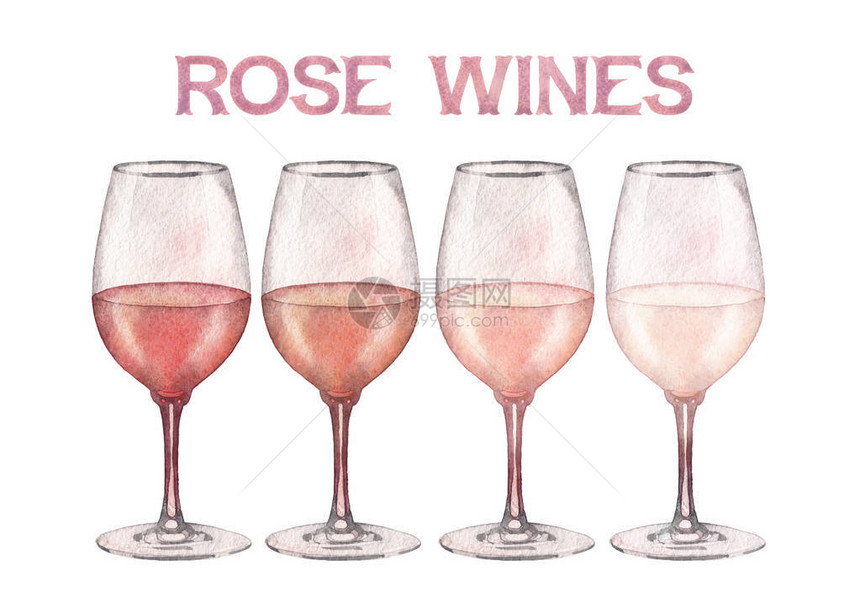 四杯玫瑰红酒水彩色四杯白色背景的图片