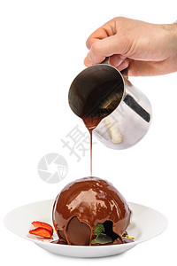 巧克力甜点球里面有冰淇淋和焦糖倒图片