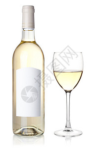 白酒瓶装白葡萄酒有空白标签和玻璃白背景图片