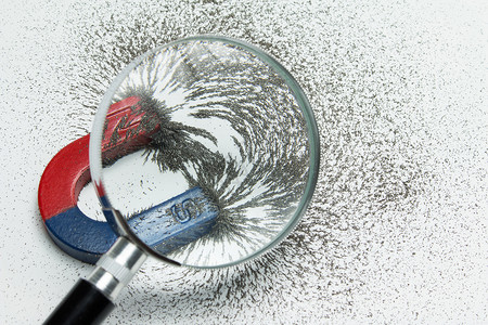磁铁通过放大镜用磁力吸引铁力学校科学课背景图片