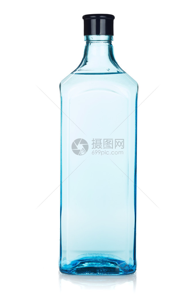 玻璃杜松子酒瓶在白色背景上被隔离图片