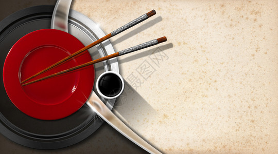 红色板木棍和银筷子以及一碗酱汁亚洲菜单的模板Asiansup背景图片