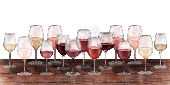 赛赤寺木制桌上的红色白色和玫瑰红酒杯水彩色一排插画
