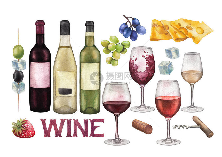 收集水彩葡萄酒手漆玻璃杯瓶子和其他美味食品图片