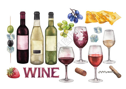 收集水彩葡萄酒手漆玻璃杯瓶子和其他美味食品图片