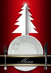 带银色餐具的空白盘和带阴影的风格化圣诞树图片