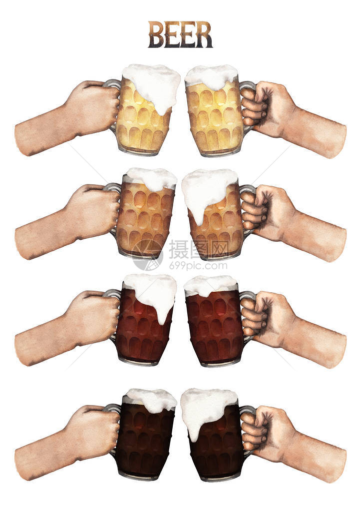 一组水彩手握着四种啤酒的品脱用白色背景孤图片