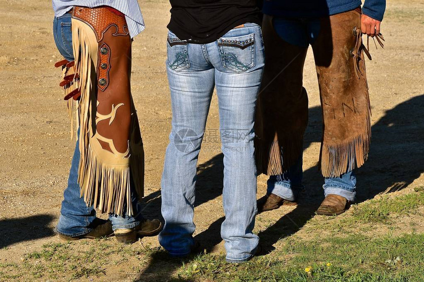 牛仔和女牛仔穿着马裤靴子和金光闪的衣服在围观的图片