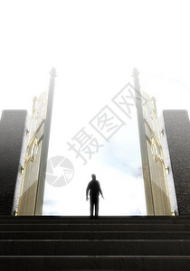 指路明灯一种概念描述一个人站在楼梯的顶端走向通往天堂的大门3D制设计图片