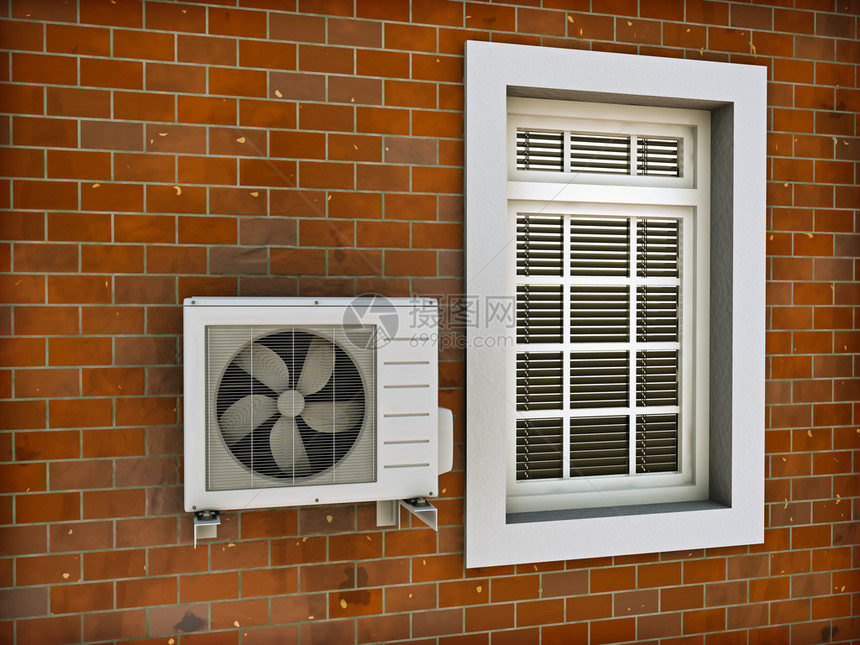安装在砖墙上的空调热泵3d渲染图片