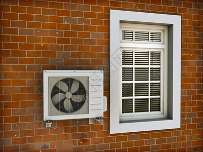 安装在砖墙上的空调热泵3d渲染图片