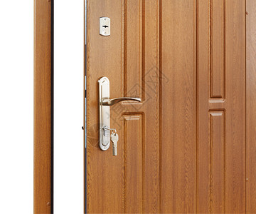 打开门把手带钥匙的门锁孤立的棕色木门特写现代室内设计背景图片