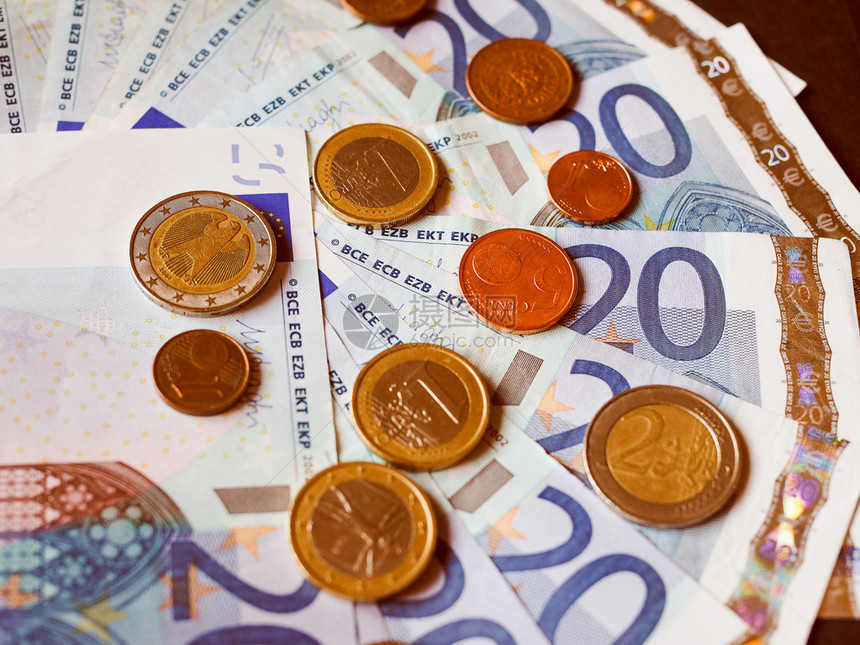 20欧元洲钞票和硬币货图片